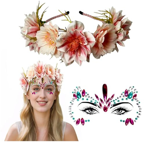 NiceYnn Serre-tête à Couronne de Fleurs Strass Autocollant Visage Bandeau à Cheveux Guirlande pour Femme Coiffure Plage Carnaval Halloween Noël #F