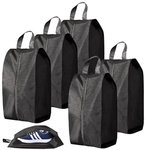 XHYASD 5 Schuhtaschen Reise, wasserabweisend, Reißverschluss, Schwarz | Polyester, 42x24x18 cm, bis Schuhgröße 45, für Koffer, Sport, Aufbewahrung zu Hause, faltbar, mit Tragegriff