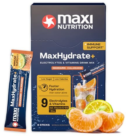 MaxNutrition MaxHydrate+ Immun Elektrolyte 8 Sticks á 1.389 mg Elektrolyten, Vitamin C + D3 & Zink, Isotonisches Getränkepulver, Bessere Versorgung mit Flüssigkeit, Mandarin Calmansi, Vitamin Drink