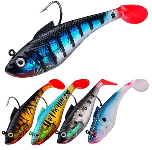 Eulihent 5 Stück Angelköder Set Gummifisch mit Jigkopf Gummifische Zander Köder Gummifische für Hecht Forelle Barsch Silikonköder Kunstköder Angel-Jigs Schleppköder für Süß und Salzwasser (11CM)