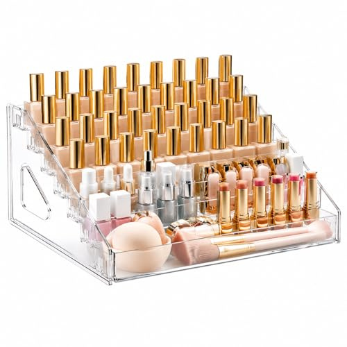 MUNUOSIKEJI 5-Tier Nail Polish Organiser, Transparent Plastic Makeup Display Stand, for up to 30 Bottles, Compact Storage Shelf for Lip Gloss & Essential Oils, Tool-Free Assembly