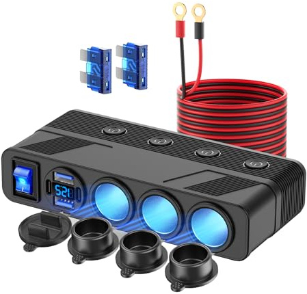 Répartiteur pour Allume-Cigare 12V avec câble de 3m, Adaptateur de Prise de Recharge pour Voiture 180W avec 4 Ports USB écran LED et interrupteurs Principaux et individuels Prise d'alimentation 12V