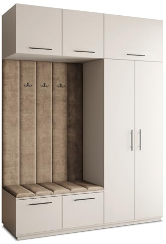 Masseno Flugarderoben Set Rema, Kleiderschrank-Set mit Sitzbank, Garderobenschrank Flur mit 5 Regalböden, Kaschmir