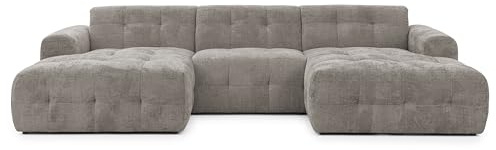 Moderne Wohnlandschaft in U-Form mit raffinierten Steppungen, B323/T161/H79 cm, 6-Sitzer, Wellenunterfederung, angenehm weicher, strapazierfähiger Chenille-Bezug in Braun Taupe / 21050
