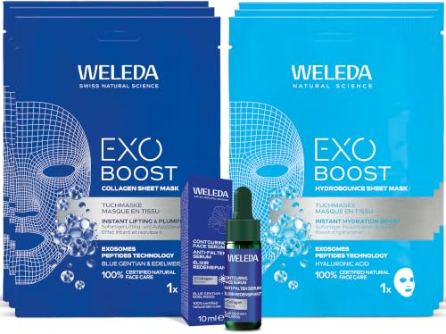 WELEDA Bio Exo Boost Gesichtspflege Set Naturkosmetik Anti Aging vegan | Face Care Glow Set - 3x Collagen Tuchmaske, 3x Hydrobounce Tuchmaske & Serum - reduziert tiefe Falten & strafft die Haut
