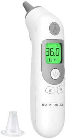 IEA Medical Ohrthermometer fuer Babys, Kinder & Erwachsene, 20 Ersatzkappen | Digitales Infrarot-Fieberthermometer mit Fieberalarm, 40 Speicherplaetzen, beleuchtetem Display - inkl. Etui & Batterien