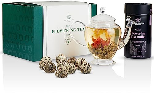 Flowering Tea Gift Set - Delicate Flowering Tea Bulbs Caddy & Elegant Glass Teapot - Modern & Luxurious Teaware for Easy Brewing - Blooming Tea & Kitchen Glassware Set by The Tea Makers of London