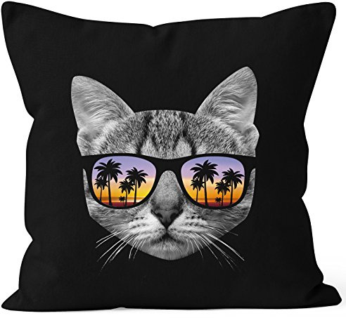 MoonWorks Kissenbezug Katze mit Sonnenbrille Kissen-Hülle Deko-Kissen 40x40 Baumwolle Schwarz 40cm x 40cm