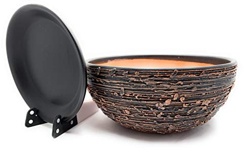 Sun Cakes Pot de Fleurs en céramique émaillée avec Soucoupe Ronde en Terre Cuite avec bac d'égouttement Couleur Argile Pot de Fleurs Antique Peu Profond (26 cm x 13 cm, Noir/Marron)