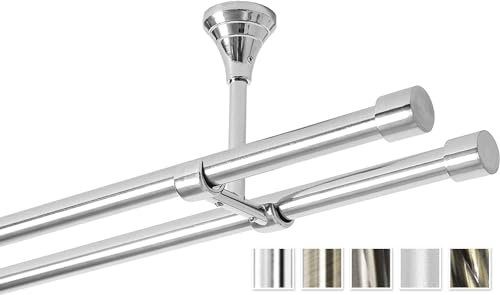 Rollmayer glänzend metall Gardinenstange Ø 16mm Rohr, Edelstahl für Ösenvorhang, Gardinen (Crux 200cm lang, Edelstahl, Deckenbefestigung 2-läufig) modern Vorhangstange Ohne Ringe!