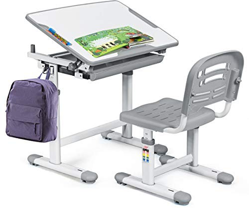 GIANTEX Kinderschreibtisch mit Stuhl, Kinderschreibtisch-Set Kindertisch mit Stuhl höhenverstellbar & neigungsverstellbar, Schülerschreibtisch Jugendschreibtisch Schreibtisch Kinder (grau)