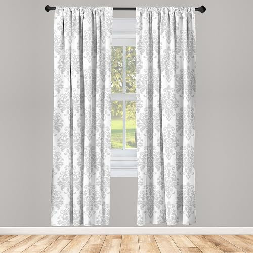 ABAKUHAUS Damast-Grau Vorhänge, Gardinen, Barock Botanik wirbelt, Fensterbehandlungen für Wohnzimmer Schlafzimmer Dekor, 2 Stück 75 cm b x 175 cm h, Pale Grau und Weiß