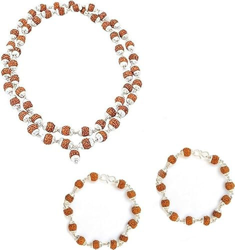 Wonder Care Rudraksha Natural 5 Face Silver Cap Mala mit Silver Capping Rudraksha Armband - Real Himalayan Rudraksh Seeds Religiöse buddhistische Ornament Rosenkranz Japa Mala Perlenkette