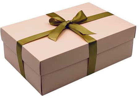 Pink Gift Box with Lid | Pick Your Ribbon Colour | Large Memory or Hamper Boxes | Flat-Packed Gift Boxes for Presents, Birthday or Baby Gifts | Size 30x20x10cm (Gold Ribbon 56)