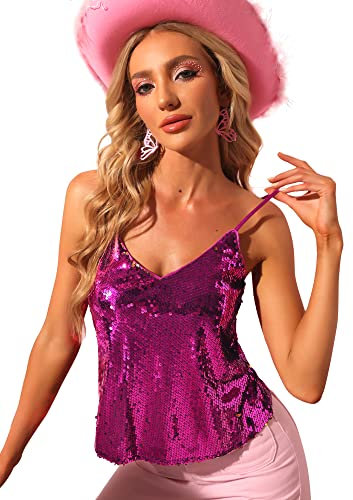 Allegra K Damen Festliches Oberteil Glitzer Top Spaghetti Party Club Camisole Pailletten Shirt Fuchsia Gold M