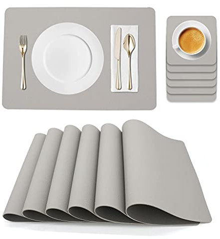 JDkilp Platzdeckchen Abwaschbar,Tischsets Abwaschbar 6er Set PVC Abgrifffeste Hitzebeständig rutschfest Platzset,Doppelseitigen Verdickung Platzsets Abwaschbar 40x28cm,Hellgrau