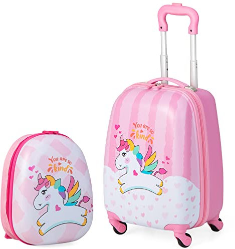 GIANTEX Valise Enfant à roulettes Légère avec Sac à Dos, Bagages Cabine Enfant avec Espace Suffisant pour Voyage,École,Camping, Rosé, Licorne