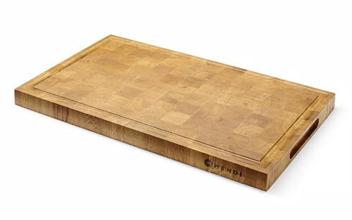 HENDI Servierbrett, doppelseitig, mit Saftrille, gefrästen Griffen, Schneidebrett, Küchenbrett, Holzbrett, Frühstücksbrett, Steakbrett, Tapasbrett, GN1-2, 325x265x(H)30mm, Eichenholz