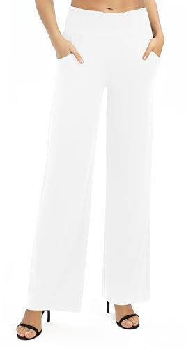 EXCHIC Damen Leichtgewicht Elastisch Hohe Taille Hose Casual Weite Bein Dehnbar Lounge Hosen mit Taschen (L, Weiß)