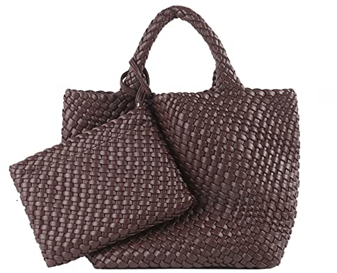 Gewebte Tragetasche für Damen, Macaron, weiches Leder, Handtasche, Geldbörse, Handgelenktasche, großes Fassungsvermögen, Arbeit, Einkaufen, Reisen, Alltag, coffee, Small
