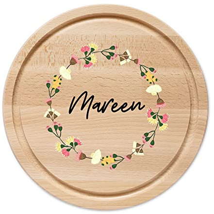 wunderwunsch - Individuelles Holzbrett mit Hochwertigem UV-Farbdruck - Rundes Holzbrett mit Name - Personalisiertes Brotzeitbrett für Mama, Papa, Oma oder Opa (Blumenkranz Pink)