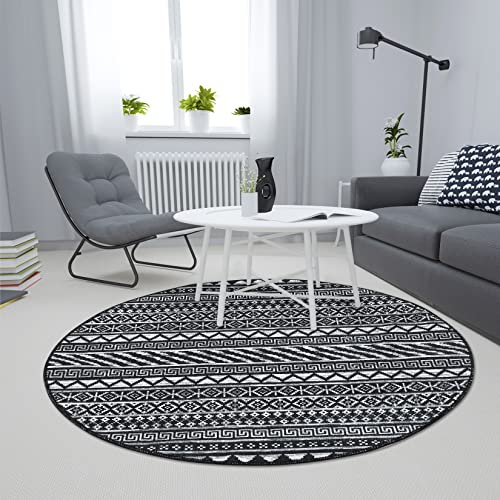 LuxFocus In & Outdoor Anti Rutsch Teppich, Runder Niedriger Flor Maschinenwaschbar Wasser und Fleckabweisender Teppich für Wohnzimmer Schlafzimmer Esszimmer Heimbüro 120 cm Schwarz
