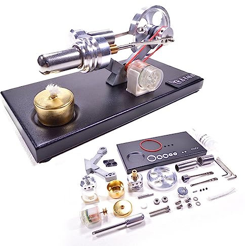 AYAY Stirlingmotor mit Metallzylinder, Generator-Wärmemaschine mit 4 LED-Leuchten und schwarzem Metallsockel DIY Steam Model Set - Montageversion
