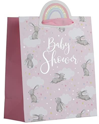 Design By Violet White Kraft Paper Pink Baby Shower Girl Rabbit Gift Bag With Rainbow Gift Tag Fully Recyclable Medium