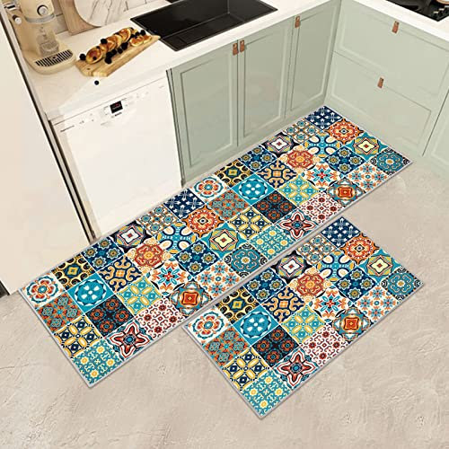 Küchenteppiche 2 Stück,Vintage rutschfest Waschbar Dauerhaft Küchenläufer Flurläufer, Anti-Müdigkeit Küchenteppich Teppich Läufer für Küche,Carpet für Badezimmer/Wohnzimmer Flur (E, 43x75+43x150cm)