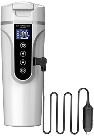 - Calentador de agua de viaje, taza de café de acero inoxidable recargable con tapa, 12 4V coche taza de café vehículo calentador de agua 450ml accesorios de coche para café té