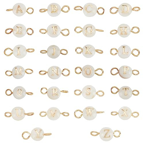 PandaHall AZ Buchstaben Link Charms 26 Stück Muschel Alphabet Buchstaben Perlen Mit Goldenen 304 Edelstahl Doppelschlaufen Anhänger Glieder Charms Für DIY Armband Halsketten Schmuck Bastelarbeiten