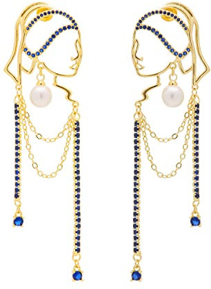 Einzigartiges abstraktes Gesicht Art baumelnde Ohrringe für Frauen Mädchen Umriss Strass Tassel Dény Hollow aus Ohrringe Schmuck Mode baumelt lange Aussage leichte Ohrringe... (Golden Blue Diamond)