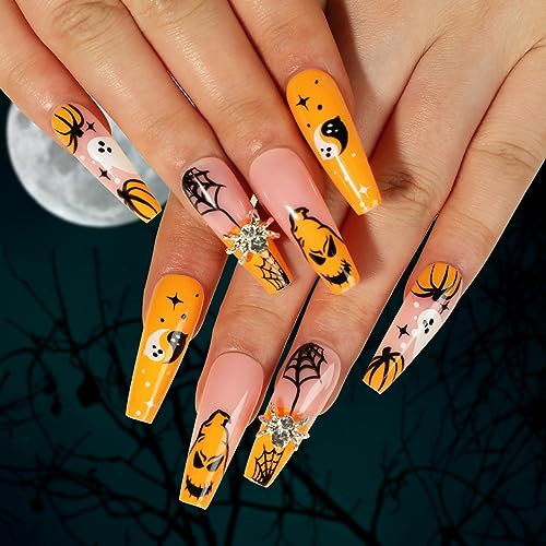 AKOFIC 24 Stück Halloween Künstliche Nägel Zum Aufkleben Sarg, Press on Nails Kunstnägel mit Klebepads, Fake Nails Gelb Kürbis Geister Design Falsche Fingernägel für Frauen Mädchen Cosplay