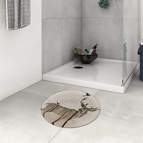DHAEY Badezimmerteppich rutschfest Fashion Hirsch Waldhirsch mit Vogel Art.-Nr Waschbar Teppich rund Weich Flauschig Badteppich Weich Kurzflor Mikrofaser Badvorleger 60 cm