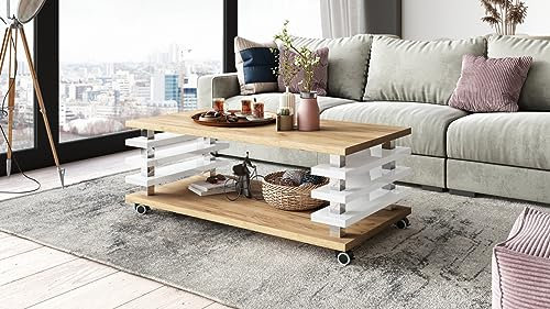 DC-3 Couchtisch Eiche Gold/Weiß Hochglanz 120x60cm mit Ablage modern stabil vielseitig Wohnzimmertisch Beistelltisch Sofatisch Zeitloses Design platzsparend robust Wohnzimmer mit Rollen