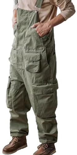Rexcyril Herren-Arbeitslatzhose, lockere Passform, Arbeitskleidung, Latzhose, schlampiger Overall mit verstellbaren Trägern und großen Taschen, Grün , 46