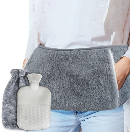 Wearable Hot Water Bottle Belt with Fluffy Fur Waist Cover, Wrap Around Hot Water Bottle Holder Soft PVC Leakproof Water Bag for Stomach, Waist, Back, Tummy and Shoulders