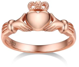 Bestyle Krone Herz Claddagh Ring für Frauen, Irisch Keltischer Knoten Fingerring, Herz Liebesring für Valentinstag Hochzeit, 925 Sterling Silber, Roségold, Ringgröße 52