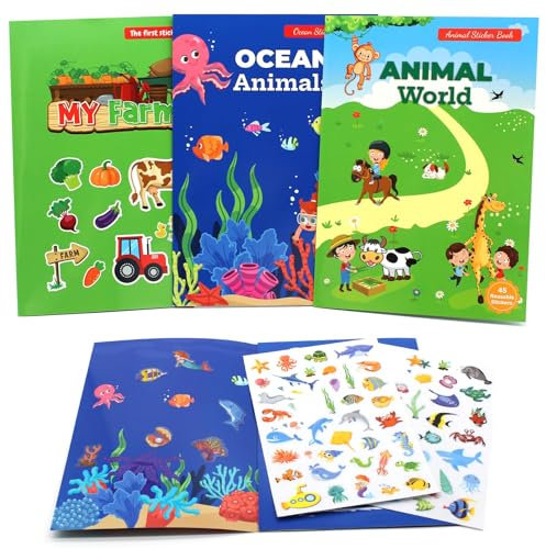 Kujinova 3-in-1 Wiederverwendbare Sticker Buch für Kinder ab 2 Jahren - Mit 3D-Bubble Stickern von Zoo, Meer & Bauernhof, Pädagogisches Sensory Spielzeug, Wasserfeste Sticker als Geschenk für Jungen u