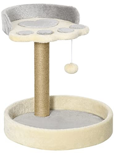 PawHut Árbol rascador para gatos de 5 kg con cama y pelota para gatos, recubrimiento de felpa y cuerda de yute, 41x41x44 cm, gris y beige