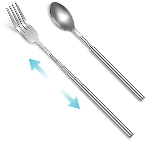 Geetery 2 Pcs Extendable Fork Spoon Set Stainless Steel Dinner Fork Anti Rust Telescopic Spoon Long Handle Fork Retractable Fork Sturdy Fork Spoon Cutlery Set for BBQ Fruit Dessert Tableware Supplies