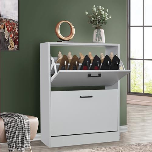 Shoe Storage Cabinet for Hallway Shoe Storage Organiser with 2 Drawer Shoes Rack 2 Tier Storage Cabinet Freestanding Footwear Stand for Hallway, Entryway, Living Room, Light Grey, 60W x 24D x 80H cm