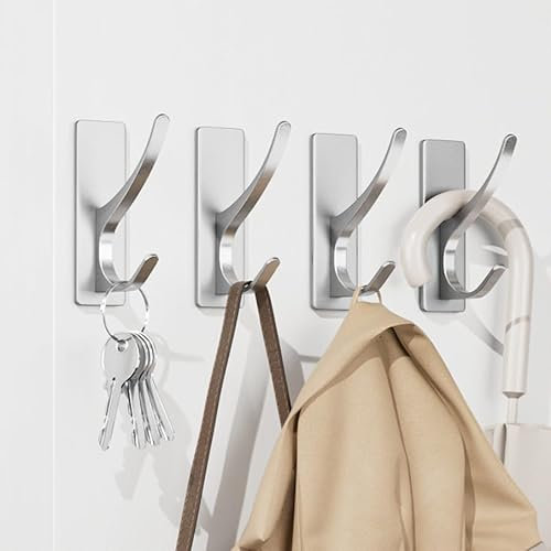 pickpiff Self Adhesive Hooks, Sticky Hooks Extra Sturdy, Hanging up to 6KG, Metal Stainless Heavy Duty Stick on Wall Door, for Towel Coat Hat Purse in Bathroom Shower Kitchen, Silver, 4 Pack