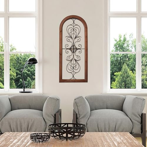 Sintosin Vintage Metal Wall Art for Living Room 13 X 32 Inches, Handmade Distressed Wooden Wall Panels with Carved Wrought Iron above Bed Decor, Farmhouse Wall Decor for Kitchen Entryway