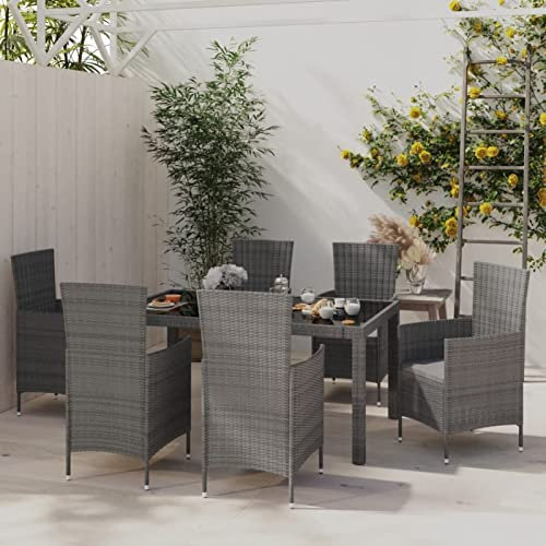 Festnight 7-TLG Rattan Garten Essgruppe, Terrassenmöbel Set 6 Personen,Sitzgruppe Garten mit Tisch & 6 Hochlehner-Gartenstühlen mit Sitzpolster, Gartenmöbel Set PolyRattan Grau und schwarz