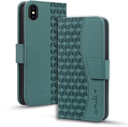LOLFZ for iPhone X iPhone XS Case, Flip Folio Wallet Case Premium PU Leather with Card Holder Kickstand Shockproof TPU Bumper Magnetic Closure Protective Phone Cover for iPhone X/XS - Green