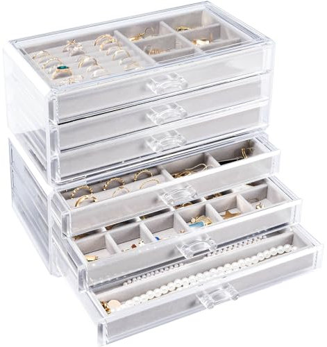 ProCase Transparent Schmuckorganizer Acryl Stapelbar Schmuck Organizer Durchsichtig Schmuckaufbewahrung Schmuckkästchen für Ohrringe Halsketten Ringe für Frauen Mädchen -Grau, 6 Etagen, M