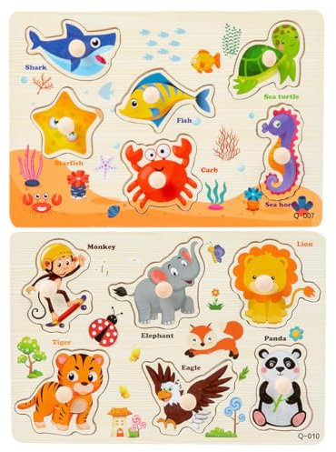 Puzzle Legno Bambini, 2 pezzi Puzzle di Animali con Maniglie, Montessori Giochi Bambino Educativi, Legno Giocattoli Bambini, Regalo Natale Ragazzi Ragazze, multicolore, animali, oceano