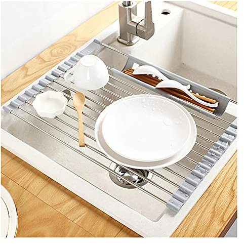 Colador Enrollable Rejilla para secar platos Fregadero Plato Escurridor de platos rodante Rejilla para fregadero Alambre de acero inoxidable Soporte para almacenamiento de fregadero Coladores de coci