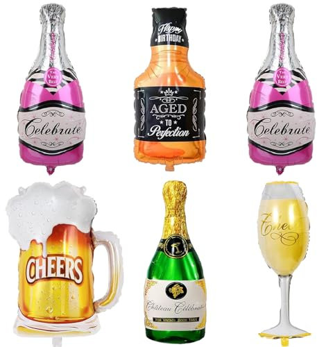 DazzJoy 6 Stück Bier Luftballon, Champagner Luftballons Geburtstag, XXL Wein Flaschen Helium Ballon, Weinglas Riesenballon Sektflasche Folienballon für Oktoberfest Deko, Bar Party, Hochzeit Deko